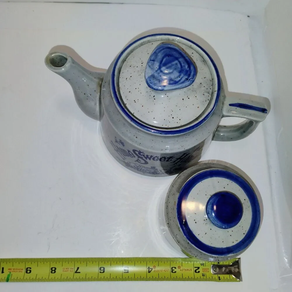 Vtg Home Sweet Home Teapot Sugar Bowl Set Stoneware Blue White Made in Japan